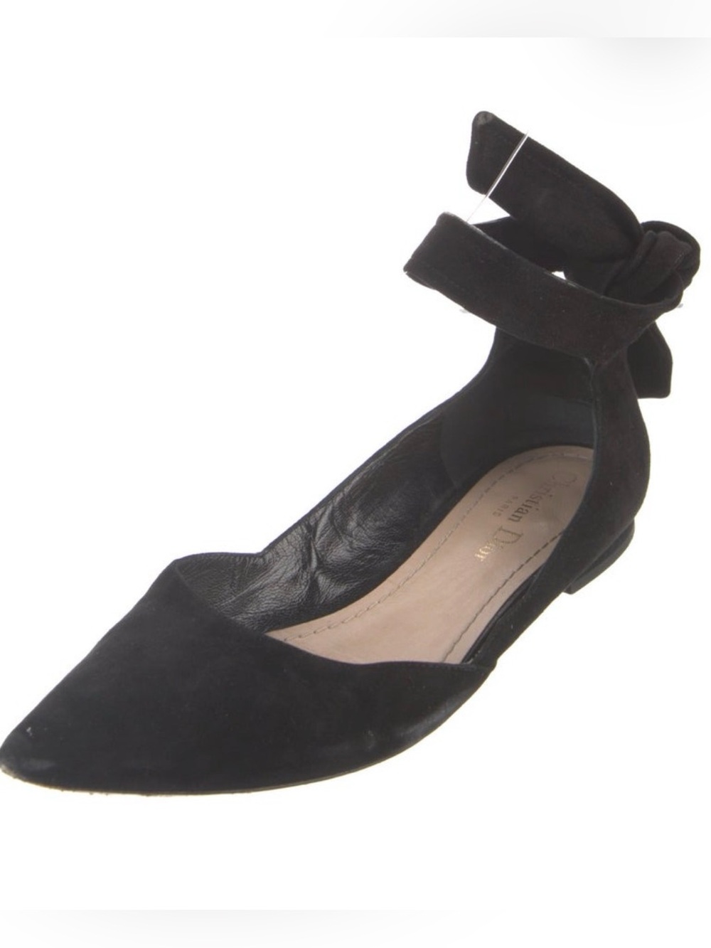 Christian Dior Black Suede Pointed Toe Ankle Tie Ballet Flats